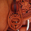 Half tooled Vaquero Lace with Daffodil flower Wade Saddle
built on a 94 degree bar that fits a well built muscular shoulders -
The seat is finished at 15 & 1/2 inch with a close contact deep pocket fit -
Gullet is 7 & 1/2 inch height by 6 & 1/2 width with the back hand hole width at 4 inch -
Horn is 6 inch height by 5 and 1/2 inch width Guadalajara at 31 degree pitch - Cantle is 4 and 1/2 inch in height by 12 & 1/2 in width with a Cheyenne roll - Flat plate riggin at 7/8ths
- leather lined 5 inch Stainless Steel Moran Stirrups .